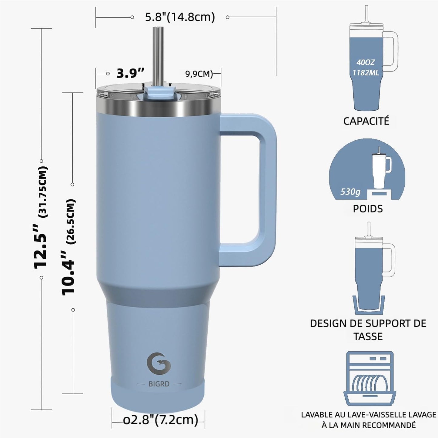 BIGRD 40oz Stainless Steel Vacuum Insulated Thermos Cup, Double Walled, Leak-proof, with Straws and Locking Lid, BPA Free, Coffee Cup for Hot and Cold Purple,Blue