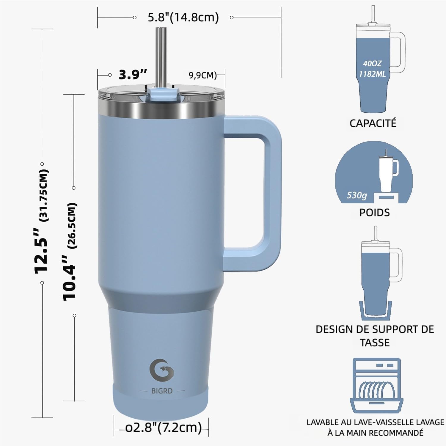 BIGRD 40oz Stainless Steel Vacuum Insulated Thermos Cup, Double Walled, Leak-proof, with Straws and Locking Lid, BPA Free, Coffee Cup for Hot and Cold Purple,Blue
