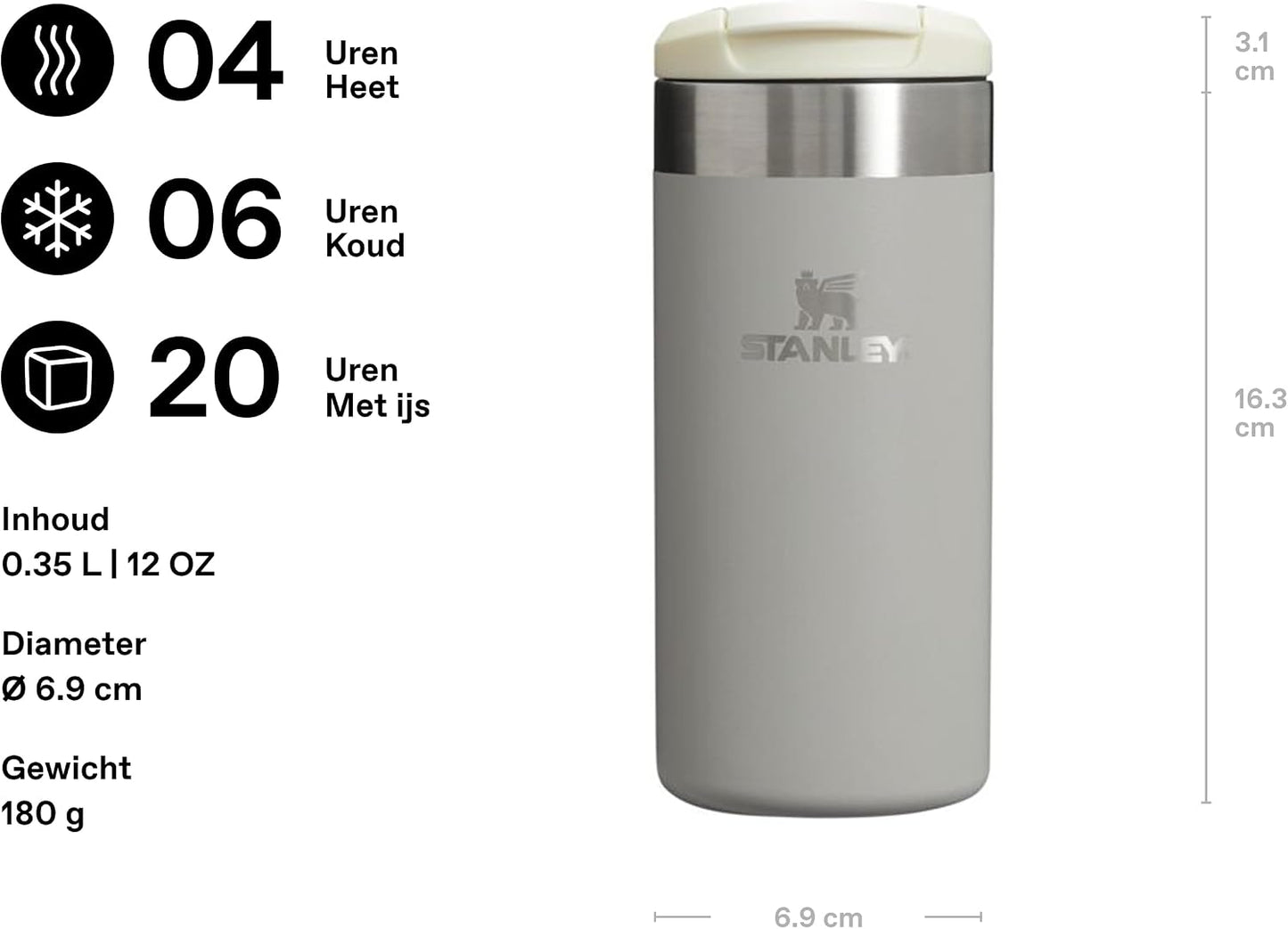 Stanley Aerolight Transit Thermos Cup 0.35L - Keeps Hot for 4 Hours - Cold for 6 Hours - Dishwasher Safe - Leakproof - Suitable for Cup Holder in Car - Thermos Coffee Cup - Ash