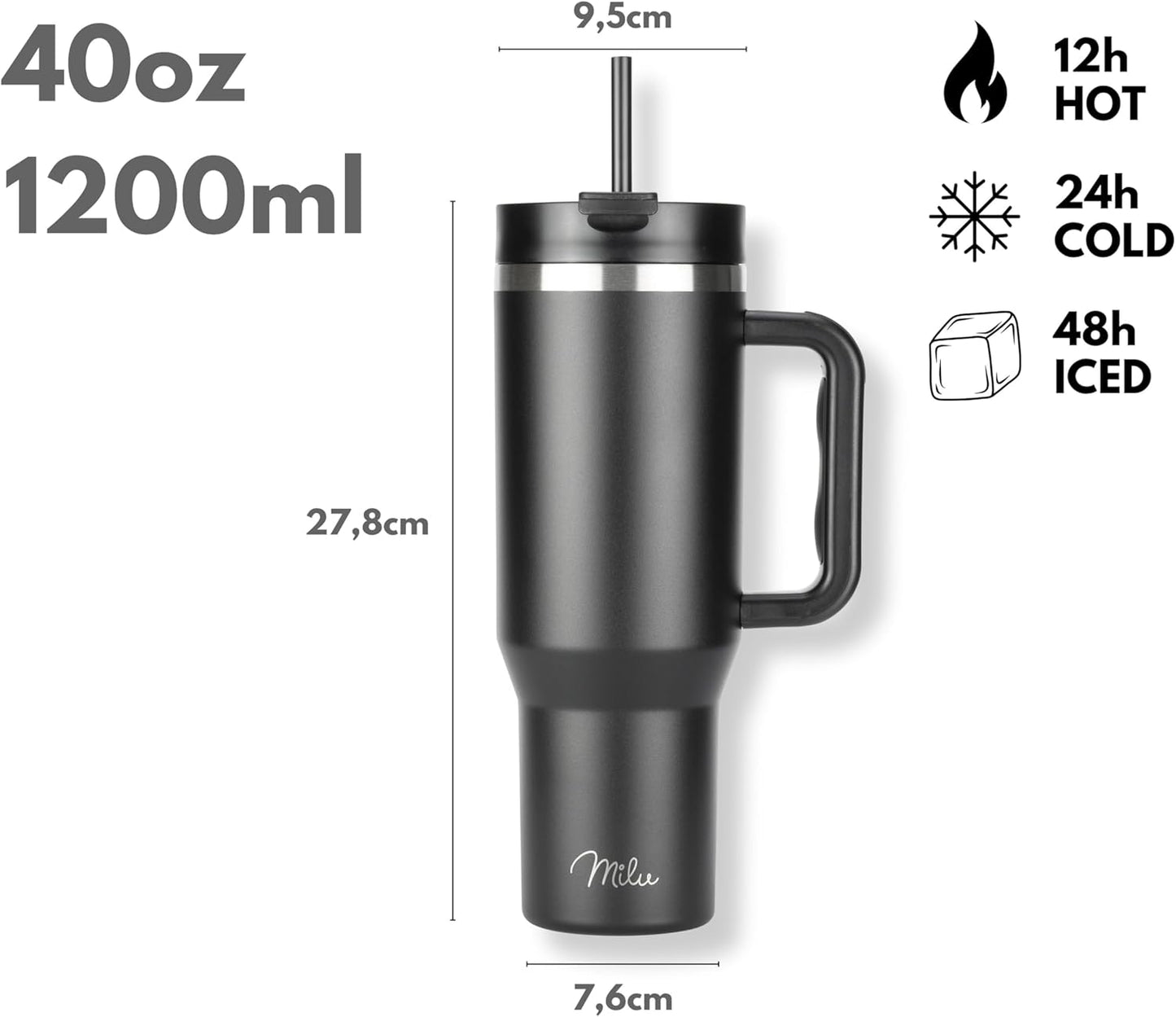 Milu Double Wall Thermal Mug 1200ml with Straw and Handle, 24 Hours Ice Cold/12 Hours Hot Tumbler Stainless Steel with Handle, Thermos Bottle for Carrying (Black Leopard, 1200ml)