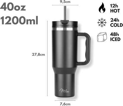 Milu Double Wall Thermal Mug 1200ml with Straw and Handle, 24 Hours Ice Cold/12 Hours Hot Tumbler Stainless Steel with Handle, Thermos Bottle for Carrying (Black Leopard, 1200ml)