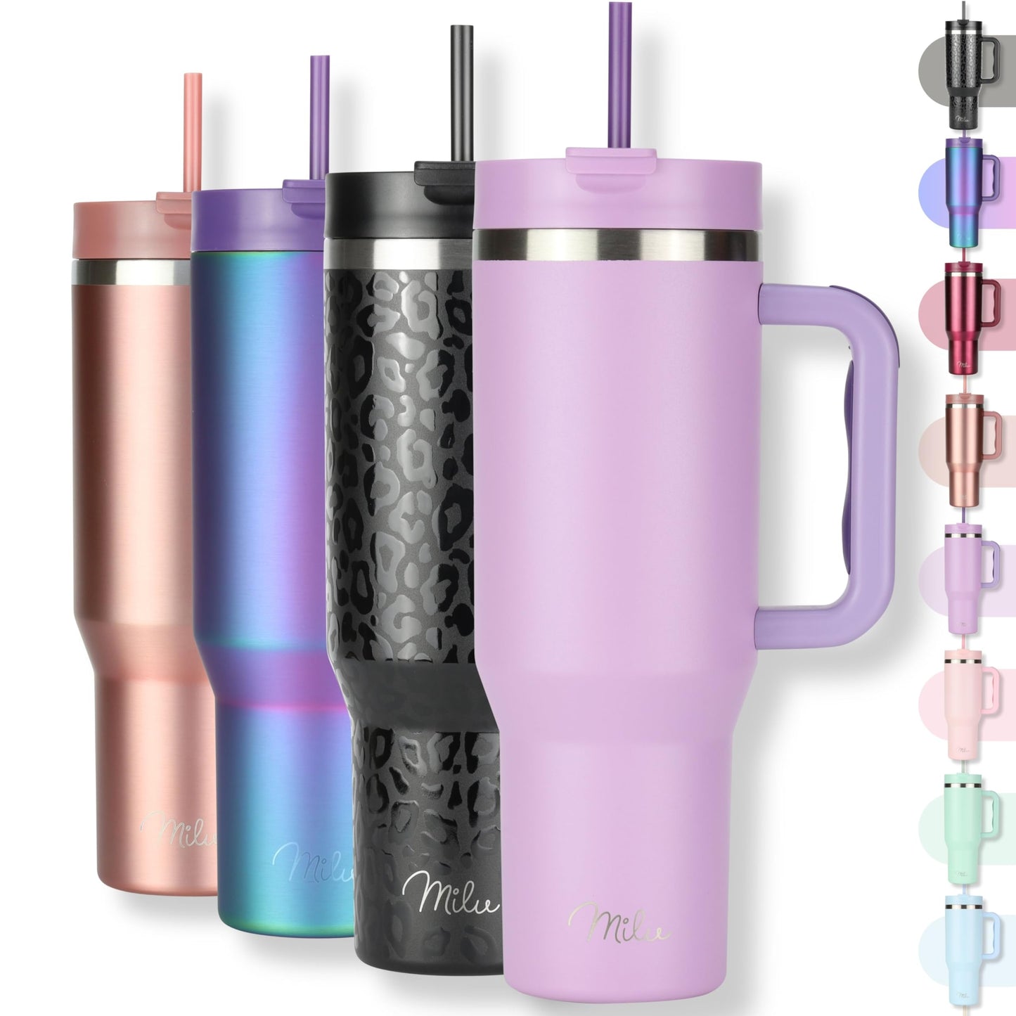 Milu Double Wall Thermal Mug 1200ml with Straw and Handle, 24 Hours Ice Cold/12 Hours Hot Tumbler Stainless Steel with Handle, Thermos Bottle for Carrying (Black Leopard, 1200ml)