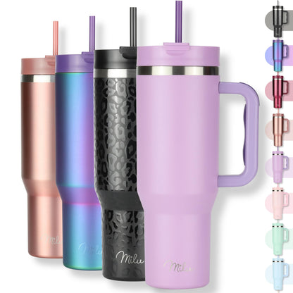 Milu Double Wall Thermal Mug 1200ml with Straw and Handle, 24 Hours Ice Cold/12 Hours Hot Tumbler Stainless Steel with Handle, Thermos Bottle for Carrying (Black Leopard, 1200ml)