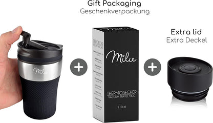Milu Thermal Cup - 210 ml 100% Leakproof - Insulated Cup, Coffee Cup to Go, Drinking Cup Made of Stainless Steel - Car Cup Double Wall Insulation - Travel Mug - Travel Mug - Black