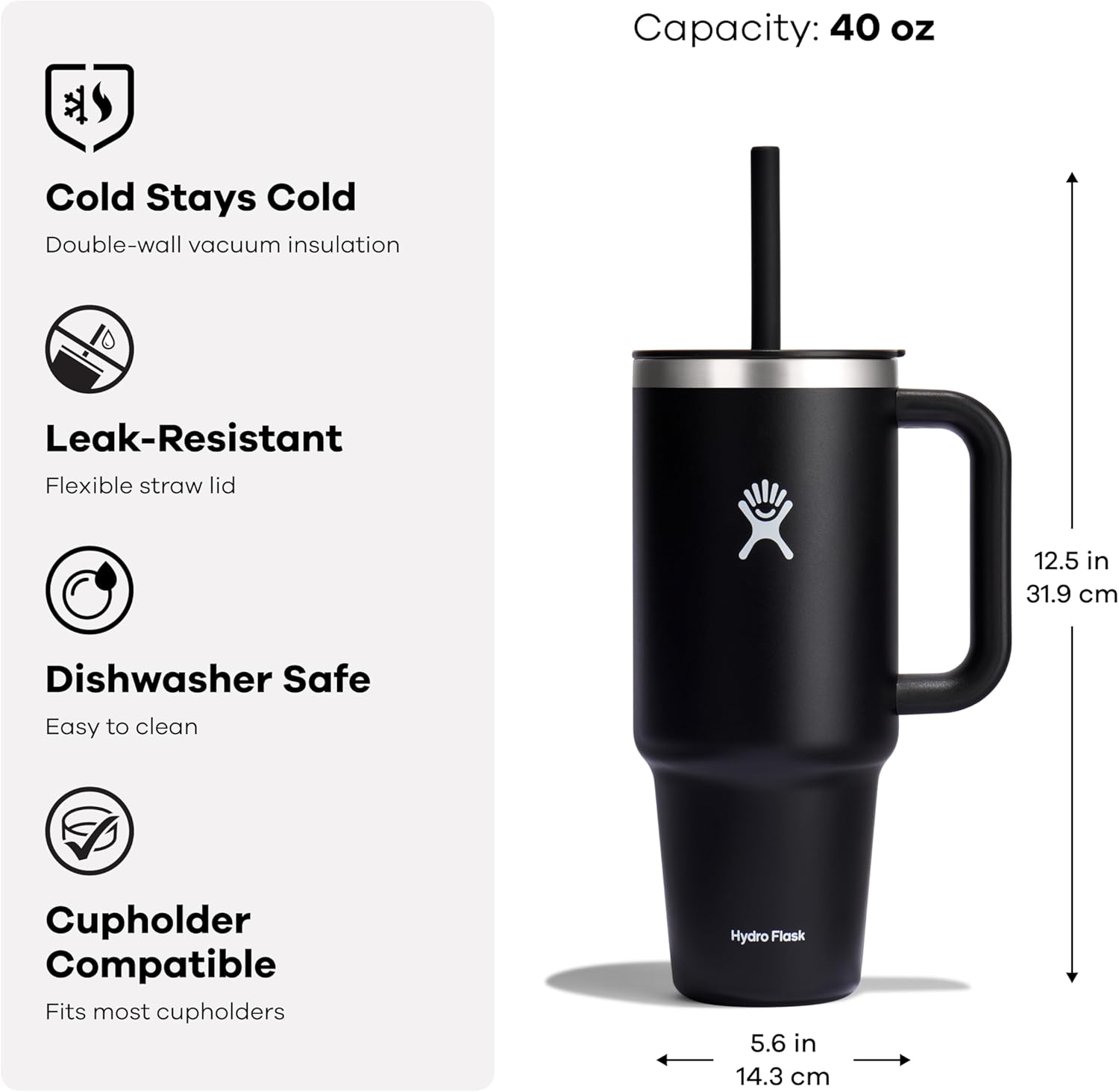Hydro Flask - Travel Tumbler 1230 ml (40 oz) with lockable reed lid - Stainless steel - Double wall vacuum insulated - Splash proof lid - BPA free - Black