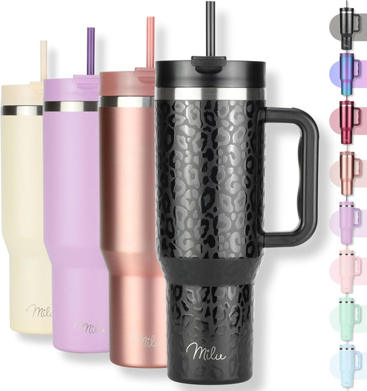 Milu Double Wall Thermal Mug 1200ml with Straw and Handle, 24 Hours Ice Cold/12 Hours Hot Tumbler Stainless Steel with Handle, Thermos Bottle for Carrying (Black Leopard, 1200ml)