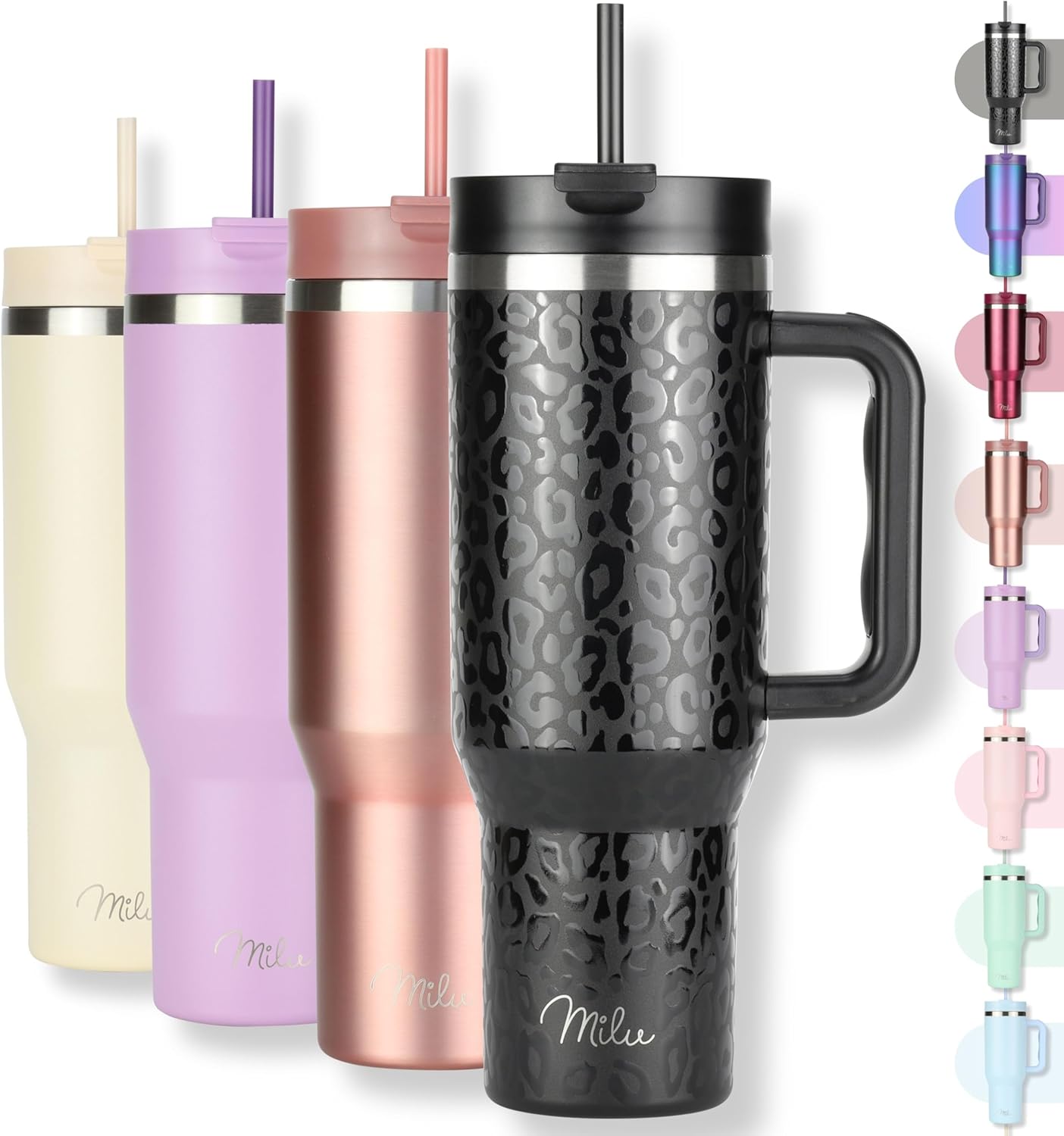 Milu Double Wall Thermal Mug 1200ml with Straw and Handle, 24 Hours Ice Cold/12 Hours Hot Tumbler Stainless Steel with Handle, Thermos Bottle for Carrying (Black Leopard, 1200ml)