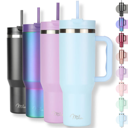 Milu Double Wall Thermal Mug 1200ml with Straw and Handle, 24 Hours Ice Cold/12 Hours Hot Tumbler Stainless Steel with Handle, Thermos Bottle for Carrying (Black Leopard, 1200ml)