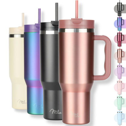 Milu Double Wall Thermal Mug 1200ml with Straw and Handle, 24 Hours Ice Cold/12 Hours Hot Tumbler Stainless Steel with Handle, Thermos Bottle for Carrying (Black Leopard, 1200ml)