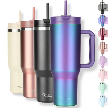 Milu Double Wall Thermal Mug 1200ml with Straw and Handle, 24 Hours Ice Cold/12 Hours Hot Tumbler Stainless Steel with Handle, Thermos Bottle for Carrying (Black Leopard, 1200ml)