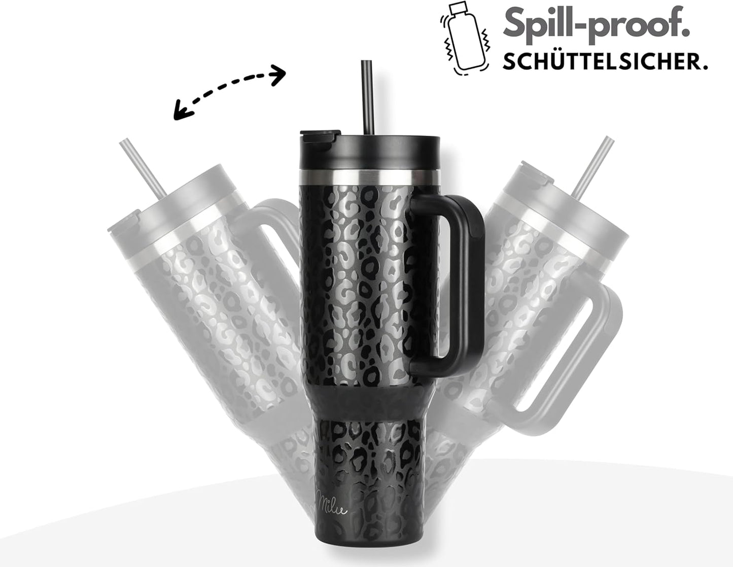 Milu Double Wall Thermal Mug 1200ml with Straw and Handle, 24 Hours Ice Cold/12 Hours Hot Tumbler Stainless Steel with Handle, Thermos Bottle for Carrying (Black Leopard, 1200ml)
