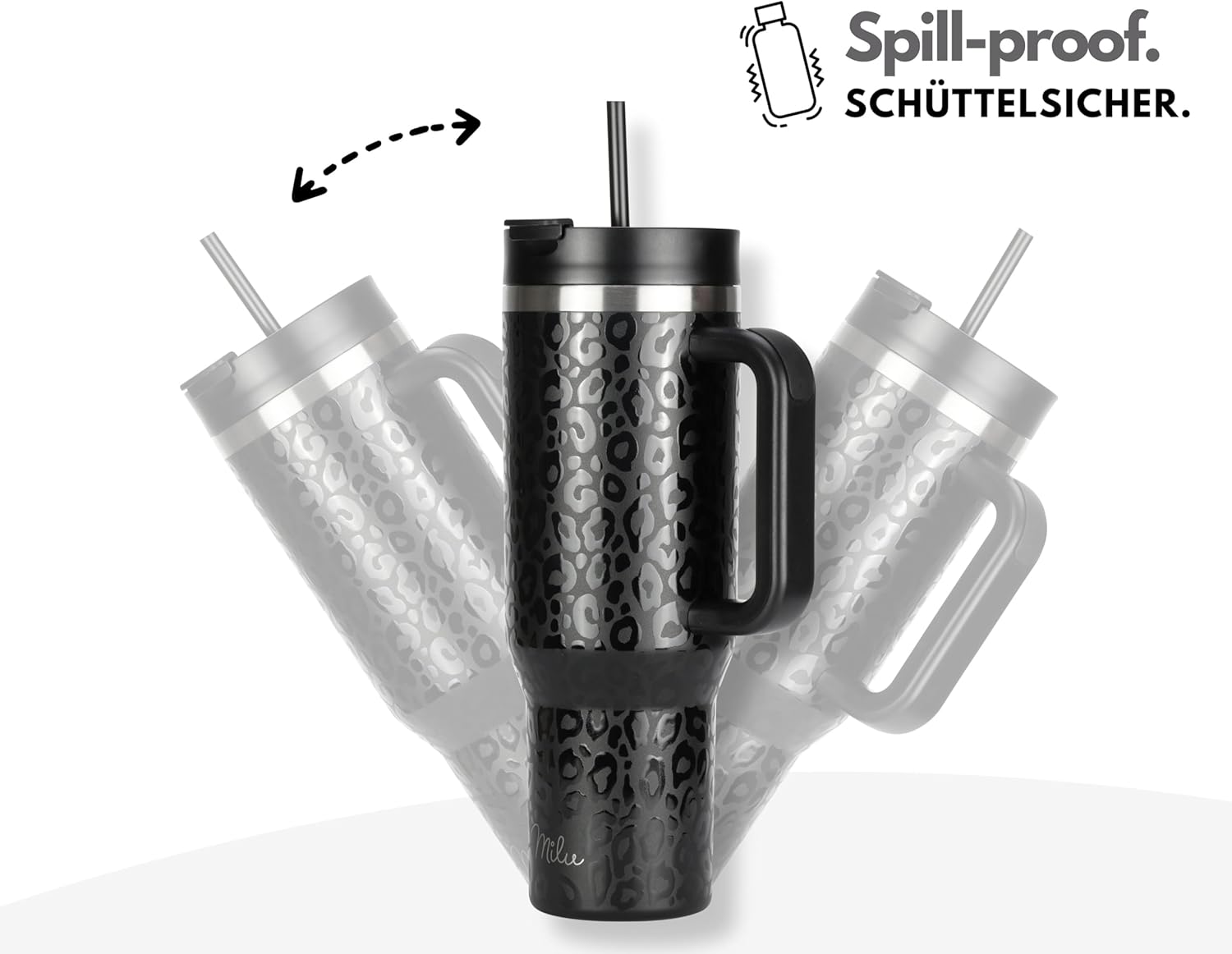 Milu Double Wall Thermal Mug 1200ml with Straw and Handle, 24 Hours Ice Cold/12 Hours Hot Tumbler Stainless Steel with Handle, Thermos Bottle for Carrying (Black Leopard, 1200ml)
