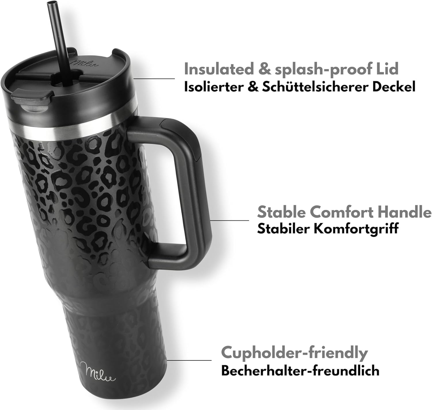 Milu Double Wall Thermal Mug 1200ml with Straw and Handle, 24 Hours Ice Cold/12 Hours Hot Tumbler Stainless Steel with Handle, Thermos Bottle for Carrying (Black Leopard, 1200ml)