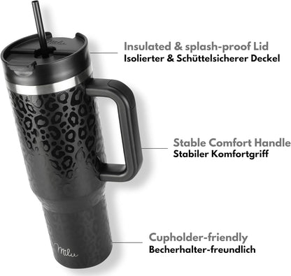 Milu Double Wall Thermal Mug 1200ml with Straw and Handle, 24 Hours Ice Cold/12 Hours Hot Tumbler Stainless Steel with Handle, Thermos Bottle for Carrying (Black Leopard, 1200ml)