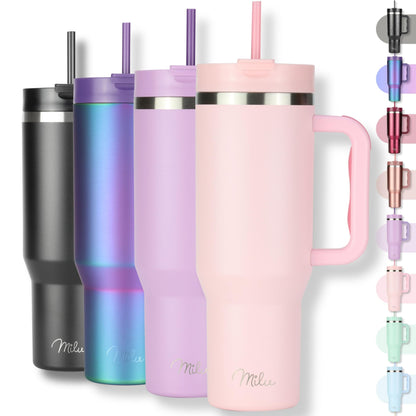 Milu Double Wall Thermal Mug 1200ml with Straw and Handle, 24 Hours Ice Cold/12 Hours Hot Tumbler Stainless Steel with Handle, Thermos Bottle for Carrying (Black Leopard, 1200ml)