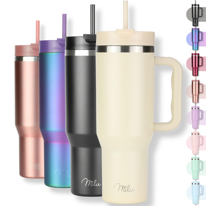Milu Double Wall Thermal Mug 1200ml with Straw and Handle, 24 Hours Ice Cold/12 Hours Hot Tumbler Stainless Steel with Handle, Thermos Bottle for Carrying (Black Leopard, 1200ml)