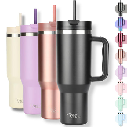 Milu Double Wall Thermal Mug 1200ml with Straw and Handle, 24 Hours Ice Cold/12 Hours Hot Tumbler Stainless Steel with Handle, Thermos Bottle for Carrying (Black Leopard, 1200ml)