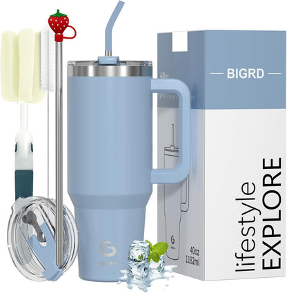 BIGRD 40oz Stainless Steel Vacuum Insulated Thermos Cup, Double Walled, Leak-proof, with Straws and Locking Lid, BPA Free, Coffee Cup for Hot and Cold Purple,Blue