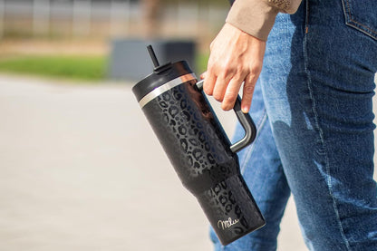 Milu Double Wall Thermal Mug 1200ml with Straw and Handle, 24 Hours Ice Cold/12 Hours Hot Tumbler Stainless Steel with Handle, Thermos Bottle for Carrying (Black Leopard, 1200ml)