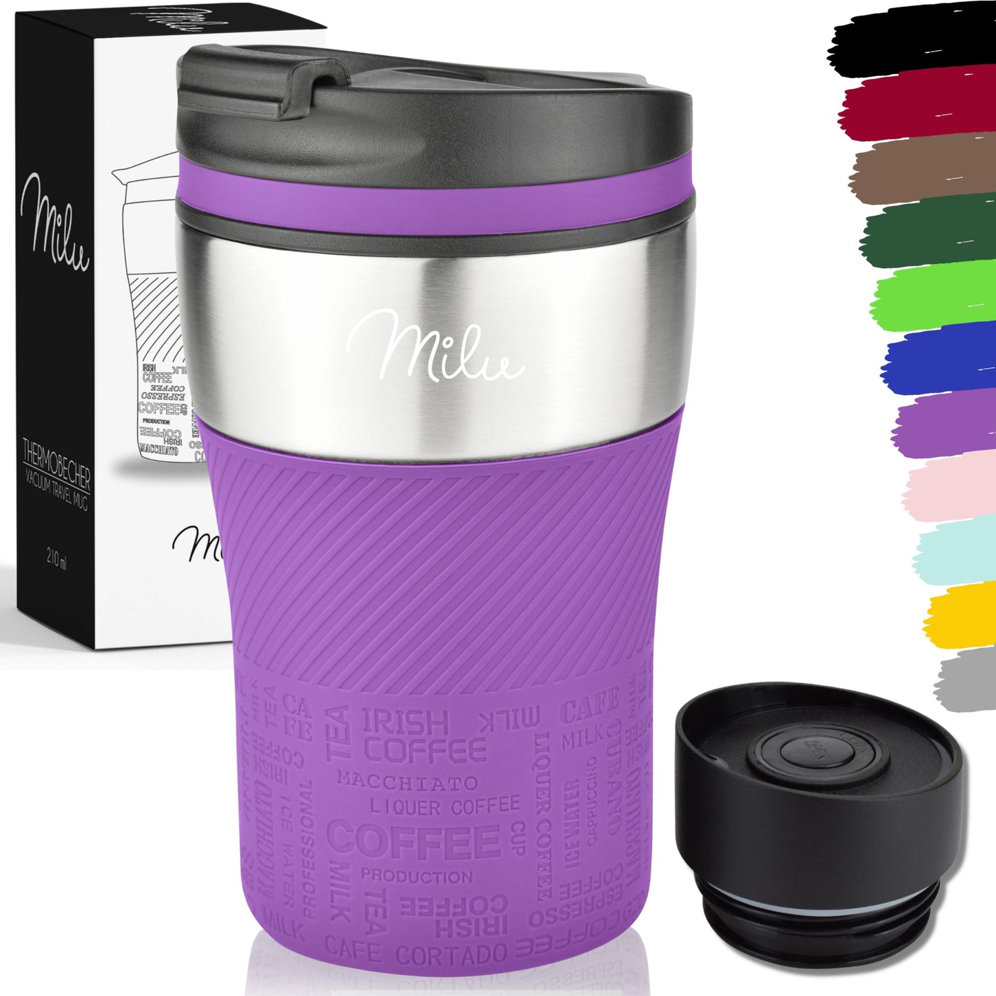 Milu Thermal Cup - 210 ml 100% Leakproof - Insulated Cup, Coffee Cup to Go, Drinking Cup Made of Stainless Steel - Car Cup Double Wall Insulation - Travel Mug - Travel Mug - Black