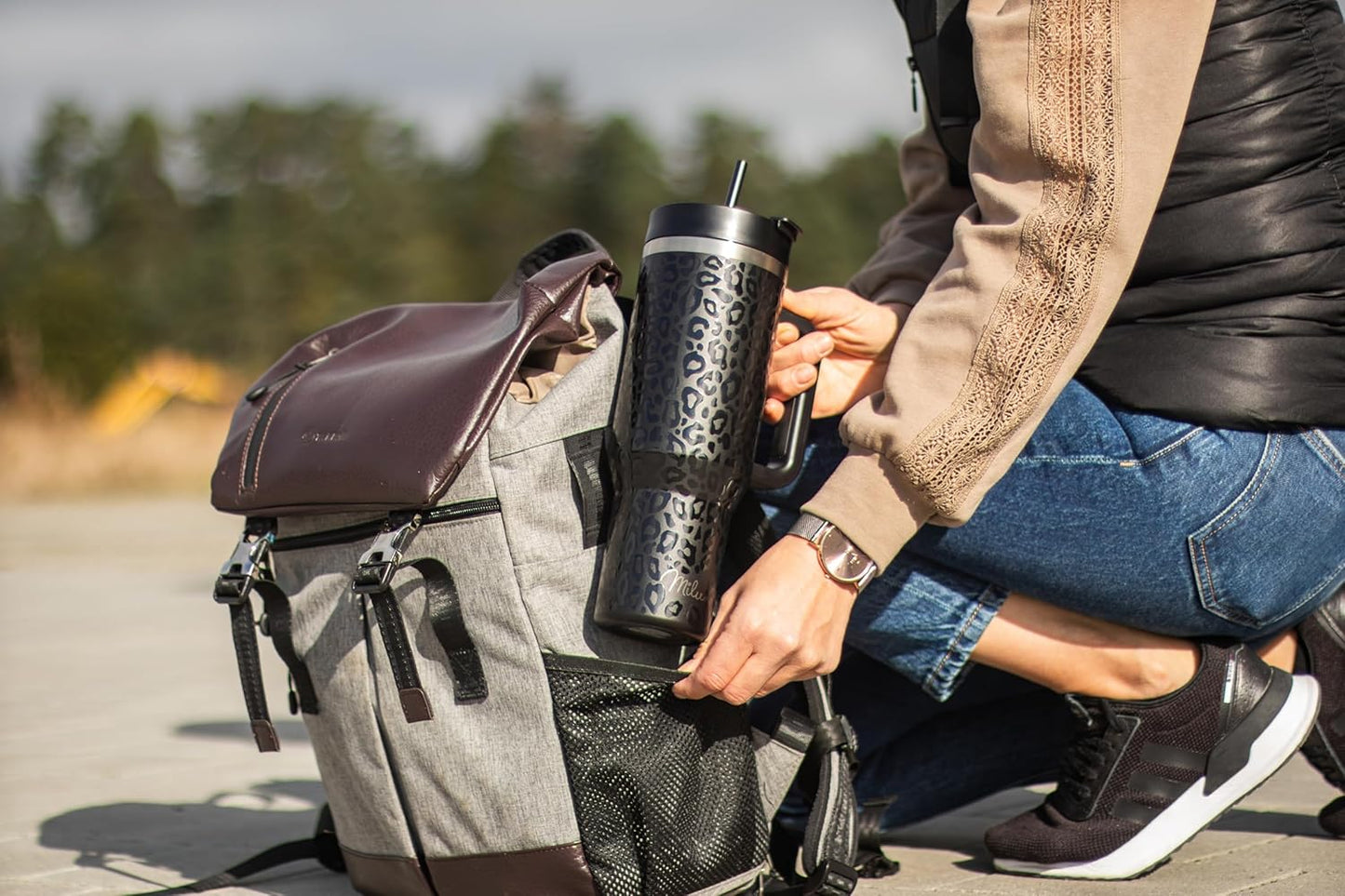 Milu Double Wall Thermal Mug 1200ml with Straw and Handle, 24 Hours Ice Cold/12 Hours Hot Tumbler Stainless Steel with Handle, Thermos Bottle for Carrying (Black Leopard, 1200ml)