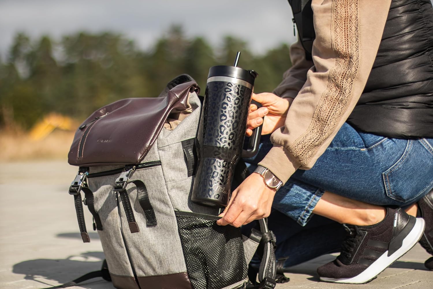 Milu Double Wall Thermal Mug 1200ml with Straw and Handle, 24 Hours Ice Cold/12 Hours Hot Tumbler Stainless Steel with Handle, Thermos Bottle for Carrying (Black Leopard, 1200ml)