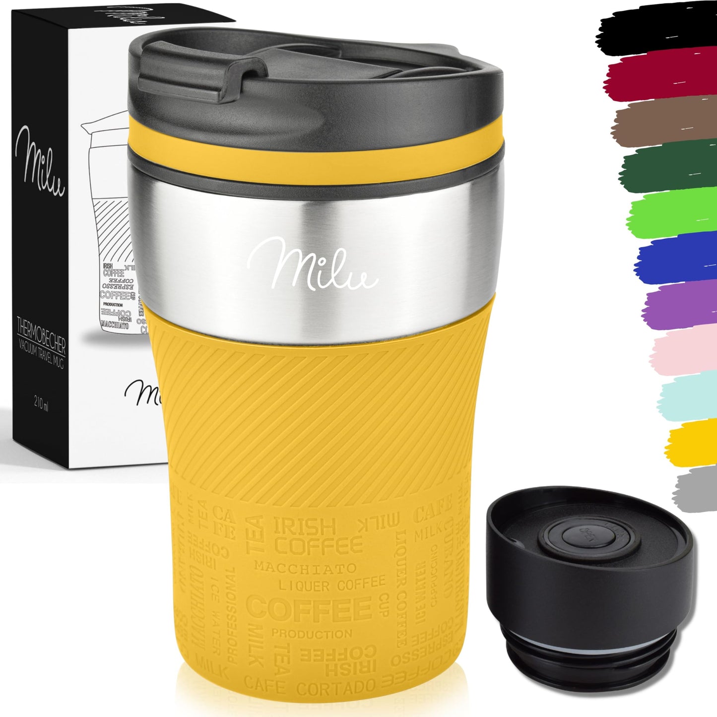 Milu Thermal Cup - 210 ml 100% Leakproof - Insulated Cup, Coffee Cup to Go, Drinking Cup Made of Stainless Steel - Car Cup Double Wall Insulation - Travel Mug - Travel Mug - Black
