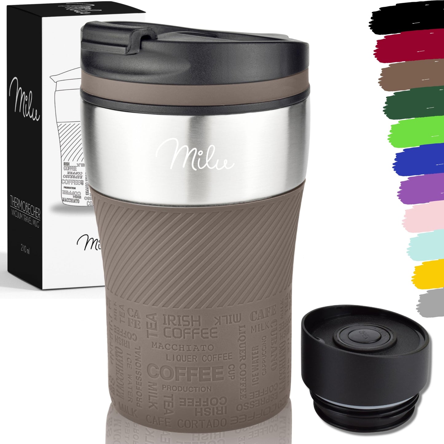 Milu Thermal Cup - 210 ml 100% Leakproof - Insulated Cup, Coffee Cup to Go, Drinking Cup Made of Stainless Steel - Car Cup Double Wall Insulation - Travel Mug - Travel Mug - Black