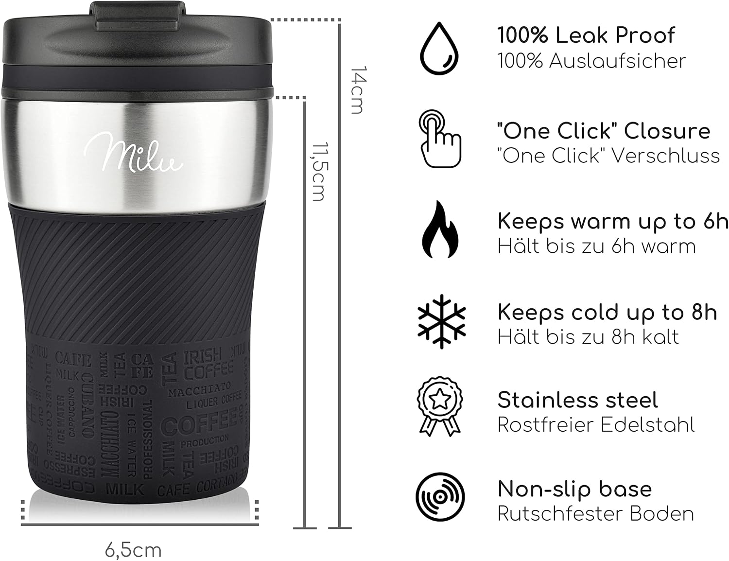 Milu Thermal Cup - 210 ml 100% Leakproof - Insulated Cup, Coffee Cup to Go, Drinking Cup Made of Stainless Steel - Car Cup Double Wall Insulation - Travel Mug - Travel Mug - Black