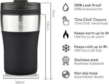 Milu Thermal Cup - 210 ml 100% Leakproof - Insulated Cup, Coffee Cup to Go, Drinking Cup Made of Stainless Steel - Car Cup Double Wall Insulation - Travel Mug - Travel Mug - Black