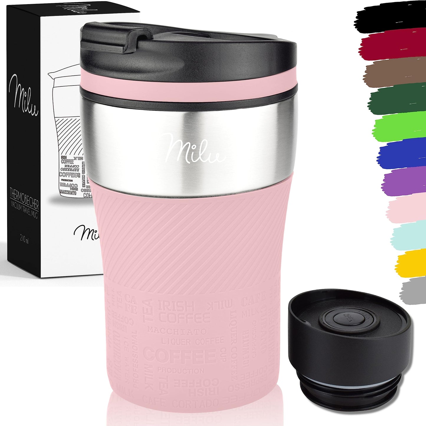 Milu Thermal Cup - 210 ml 100% Leakproof - Insulated Cup, Coffee Cup to Go, Drinking Cup Made of Stainless Steel - Car Cup Double Wall Insulation - Travel Mug - Travel Mug - Black